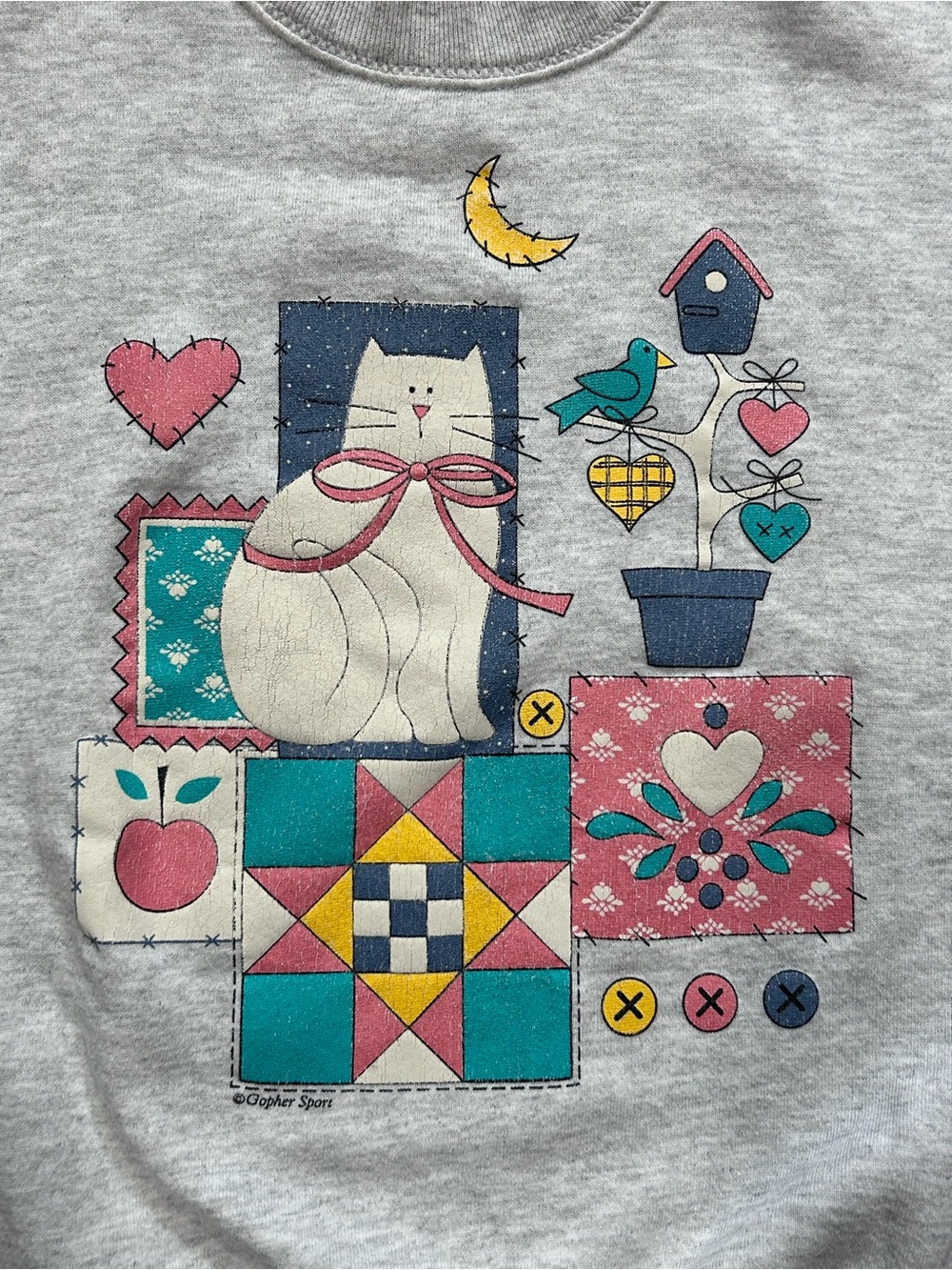 Vtg 90s Gopher Sport Cat Quilt Patchwork Sweater Gray Pink Double Collar Large - Picture 5 of 9
